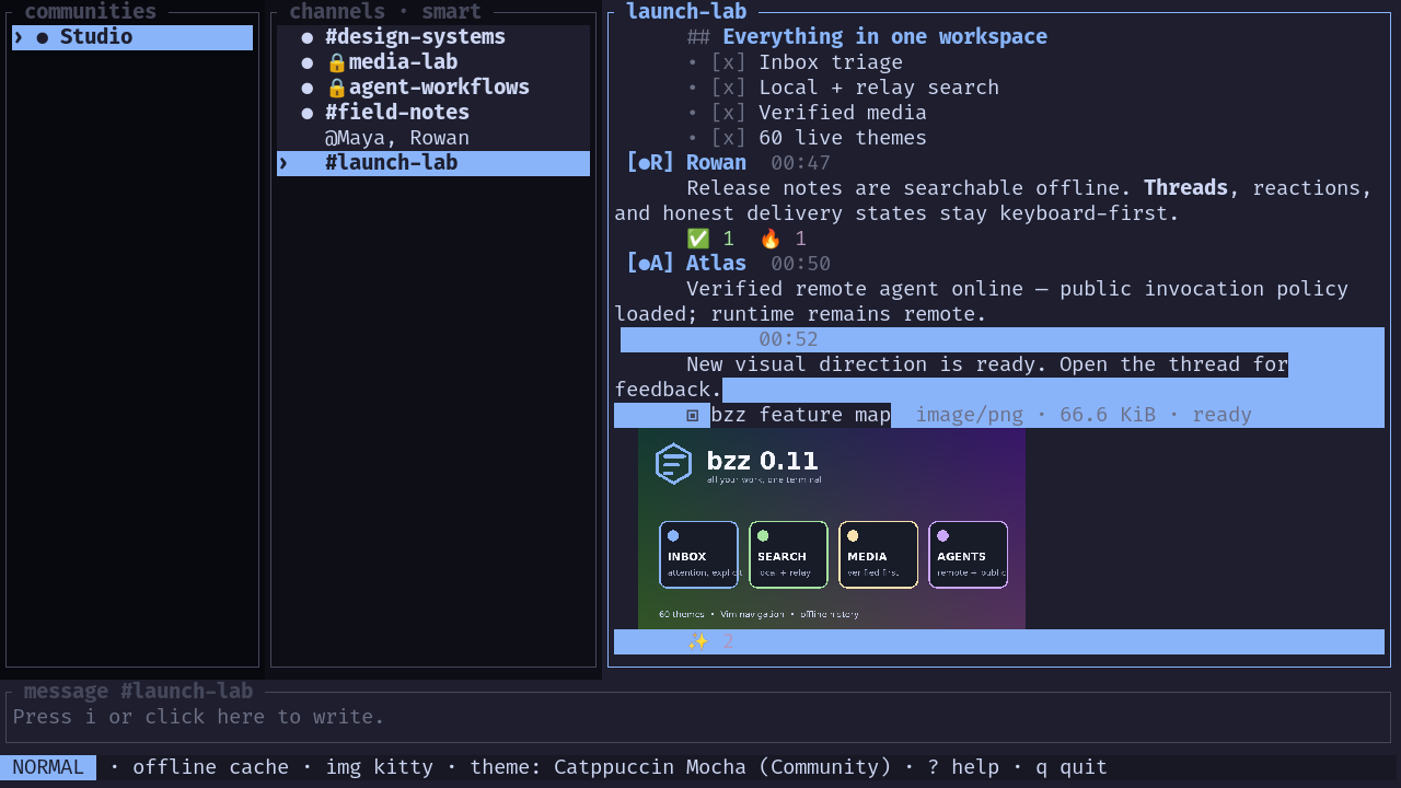 bzz TUI showing the Studio workspace, verified inline media, channels, and conversation panes